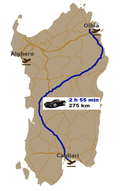 Karte Sardinien - Fahrzeit Mietwagen